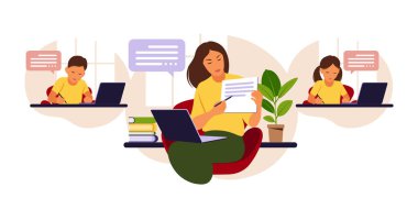 Çevrimiçi öğrenme kavramı. Çevrimiçi sınıf. Kara tahtada kadın öğretmen, video dersi. Okulda mesafe çalışması. Vektör çizimi. Düz biçim.