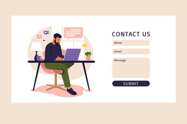 Neem contact met ons op formulier template voor web. Thuiskantoor concept, man die thuis werkt. Studenten of freelancers. Freelance of studieconcept. Vector illustratie. Vlakke stijl. — Stockvector