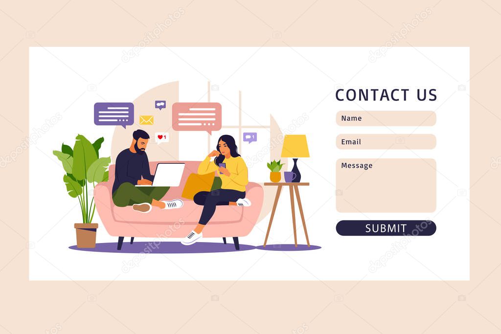 Contact us form template for web. Freelance, online education or social media concept. Vector illustration isolated on white. Flat style.