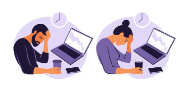 Profesyonel tükenme sendromu. Çizim, masada oturan yorgun kadın ve erkek ofis çalışanı. Hüsrana uğramış işçiler, akıl sağlığı sorunları. Düz biçimli vektör illüstrasyonu.