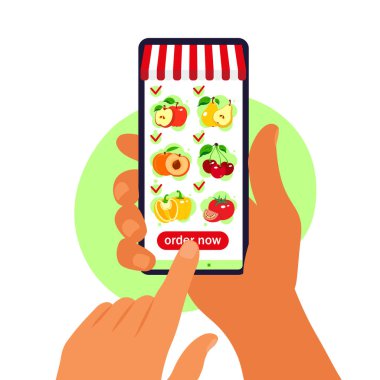 İnternetten yemek siparişi. Market teslimatı. Web tarayıcı sayfasında ürün kataloğuyla el ele tutuşan akıllı telefon. Ev konseptinde kal. Karantina ya da kendini izole etme. Düz biçim.