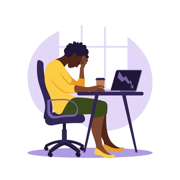 Sindrome da burnout professionale. Illustrazione stanca impiegata africana seduta al tavolo. Lavoratore frustrato, problemi di salute mentale. Illustrazione vettoriale in stile piatto. — Vettoriale Stock