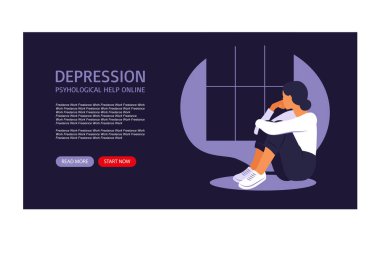 Depresyonda olan genç bir kadın pencerede oturuyor. Web sitesi tasarımı veya iniş sayfası için depresyon, sağlık, stres ve duygu kavramı.