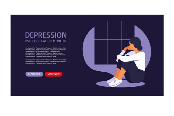 Young depressed woman sitting at window. Depression, health, stress and emotion concept for website design or landing web page. — Stock Vector