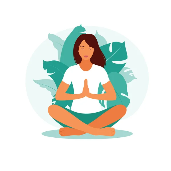 Doğada meditasyon yapan bir kadın. Meditasyon konsepti, rahatlama, dinlenme, sağlıklı yaşam tarzı, yoga. Lotus pozu veren kadın. Vektör illüstrasyonu. — Stok Vektör