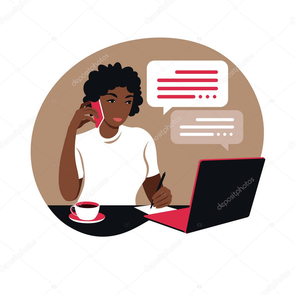 African woman works on a laptop computer and talks on the phone sitting at a table at home with a Cup of coffee and papers. Vector illustration. Flat.