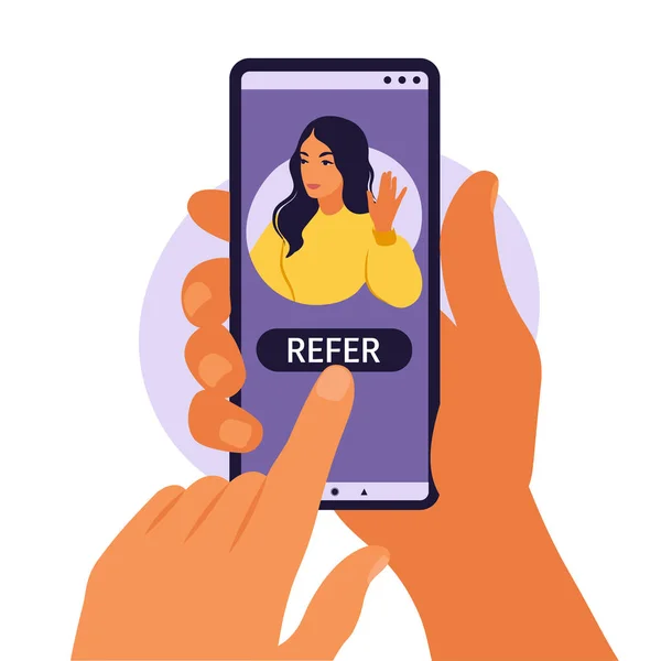 Mains tenant un smartphone avec un profil de femme sur les médias sociaux ou un compte utilisateur. Renvoie un ami, suivant le concept pour ajouter. Illustration vectorielle. Plat. — Image vectorielle