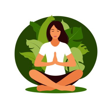 Doğada meditasyon yapan bir kadın. Meditasyon konsepti, rahatlama, dinlenme, sağlıklı yaşam tarzı, yoga. Lotus pozu veren kadın. Vektör illüstrasyonu.