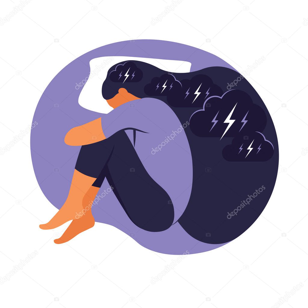 Woman suffers from insomnia stress. She lies in bed and thinks. Concept illustration of depression, insomnia, frustration, loneliness, problems. Flat vector.