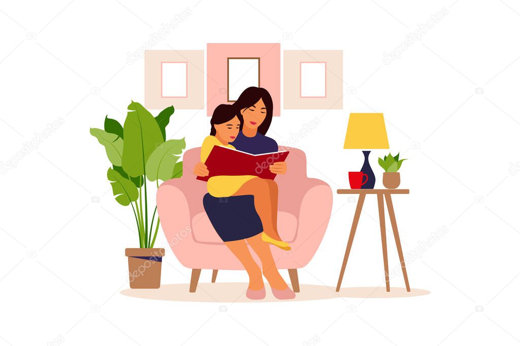 Mom reading for daughter sitting on the sofa with book. Vector illustration of a flat design.