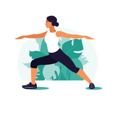 Parkta koşan bir kız. Kadın parkta fiziksel aktivite yapıyor, koşuyor. Sağlıklı yaşam tarzı ve spor konsepti. Düz biçimli vektör illüstrasyonu.