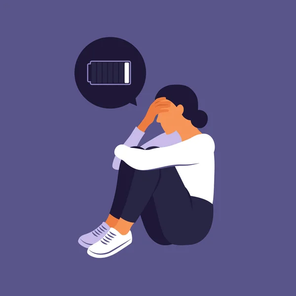 Moe vrouw zit met een ontladen batterij in de gedachten. Concept emotionele burn-out of psychische stoornis. Vectorvlak — Stockvector