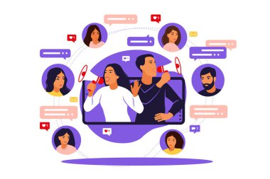 Ekran telefonunda megafonu olan kadın ve erkek ve etrafında genç insanlar var. Karakterlere sahip vektör illüstrasyonu- takipçileri için blog yazarının tanıtım hizmetleri ve mallarını İnternet üzerinden etkileme.