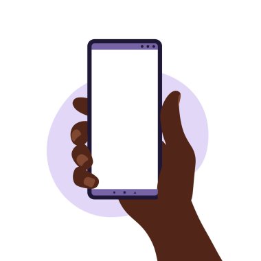Beyaz ekranlı akıllı telefonu tutan Afrikalı bir adam. Akıllı cep telefonu kullanıyor. Düz tasarım konsepti. Vektör illüstrasyonu.