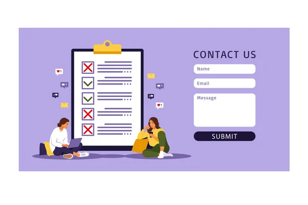 Contact us form template for web. Checklist, to-do list vector illustration. List or notepad concept. Business idea, planning or coffee break. Vector illustration. Flat style. — Stock Vector