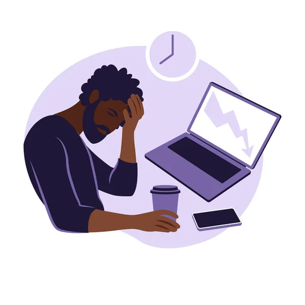 Syndrome d'épuisement professionnel. Illustration fatigué afro-américain employé de bureau assis à la table. Travailleur frustré, problèmes de santé mentale. Illustration vectorielle à plat. — Image vectorielle