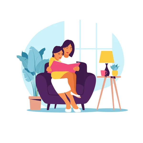 妈妈坐在沙发上看书，为女儿读书。平面设计的矢量图. — 图库矢量图片