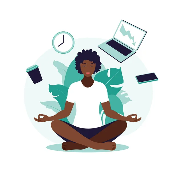 Afrikanische Geschäftsfrau praktiziert Meditation und Yoga mit Büro-Ikonen im Hintergrund. Zeitmanagement-Konzept. Vektorillustration. Flach. — Stockvektor