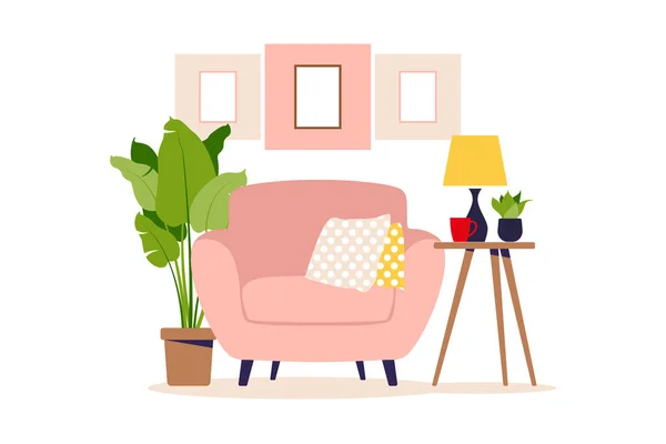 Modern fåtölj med minibord. Interiör i vardagsrummet med möbler. Platt tecknad stil. Vektorillustration. — Stock vektor
