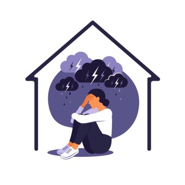 Domestic violence against women concept. Woman sits alone at home under rainy stormy cloud. Her embraces her body in pain. Flat vector clipart