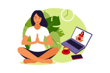 Bilgisayarda ders izleyen, yoga ve meditasyon yapan bir kız. Meditasyon konsepti, rahatlama, dinlenme, sağlıklı yaşam tarzı, yoga. Lotus pozu veren kadın. Vektör illüstrasyonu