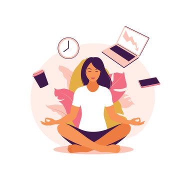 İş kadını, arka planda ofis simgeleriyle meditasyon ve yoga yapıyor. Zaman yönetimi konsepti. Vektör çizimi. Düz.