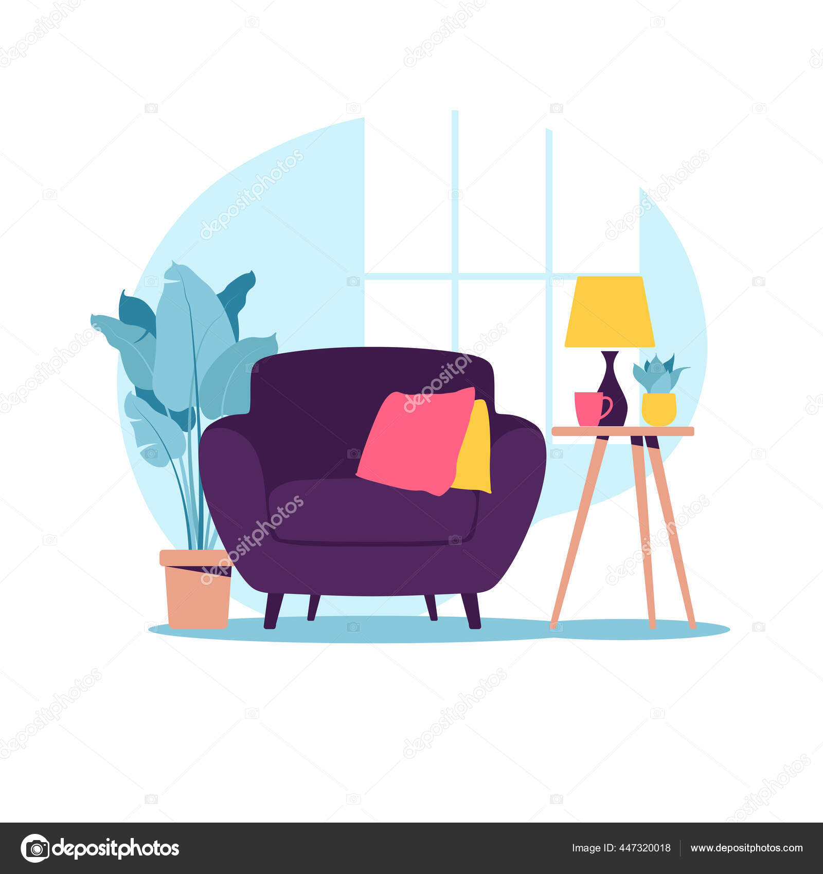 Kursi Berlengan Modern Dengan Meja Mini Interior Ruang Tamu Dengan Furnitur Gaya Kartun Yang Datar Ilustrasi Vektor Stok Vektor Elena Kalinicheva 447320018