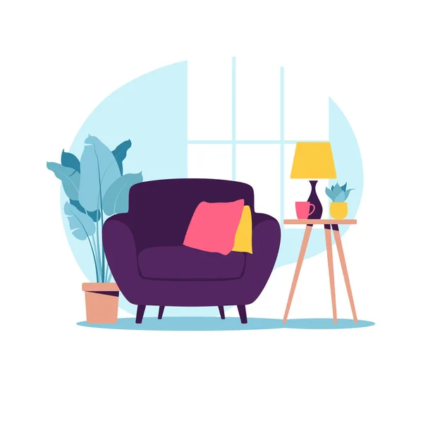 Modern armchair with mini table. Interior of the living room with furniture. Flat cartoon style. Vector illustration. — Stock Vector