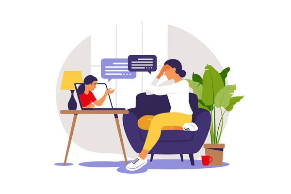 Online therapy and counselling under stress and depression. Young woman psychotherapist supports female with psychological problems. Vector illustration — Stock Vector