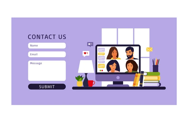 Kontakt oss skjema mal for web. Personer som bruker datamaskin til kollektive virtuelle møter og gruppevideokonferanse. Fjernarbeid, teknologikonsept. Illustrasjon. Vektor. – stockvektor