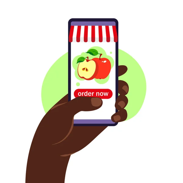 Pedido de comida en línea. Entrega de comestibles. Smartphone de mano con catálogo de productos en la página del navegador web. Quédate en casa. Cuarentena o autoaislamiento. Estilo plano. — Vector de stock