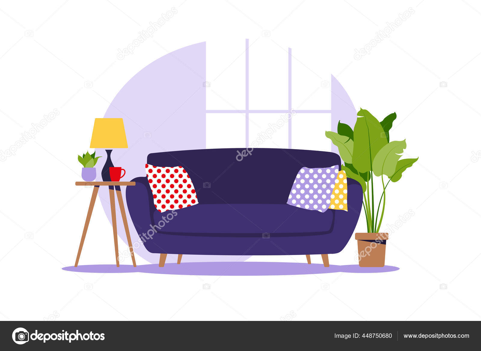 Sofa Modern Dengan Meja Mini Interior Ruang Tamu Dengan Furnitur Gaya Kartun Yang Datar Ilustrasi Vektor Stok Vektor Elena Kalinicheva 448750680