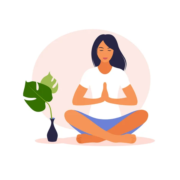 Doğada meditasyon yapan bir kadın. Meditasyon konsepti, rahatlama, dinlenme, sağlıklı yaşam tarzı, yoga. Lotus pozu veren kadın. Vektör illüstrasyonu. — Stok Vektör