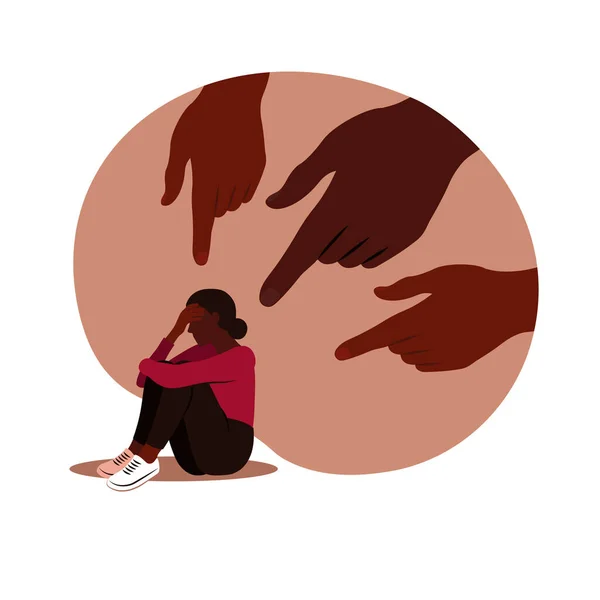 Händerna pekar på den afrikanska flickan. Yttrande och trycket från samhället och skambegreppet. Osäker afrikansk kvinna. Vektor platt — Stock vektor