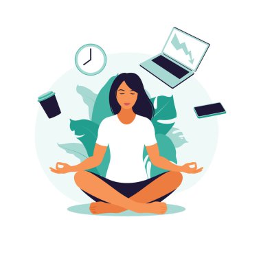 İş kadını, arka planda ofis simgeleriyle meditasyon ve yoga yapıyor. Zaman yönetimi konsepti. Vektör çizimi. Düz.