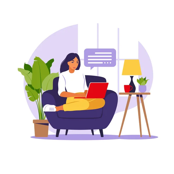 Woman sitting with laptop on armchair. Concept illustration for working, studying, education, work from home. Flat. Vector illustration. — Stock Vector