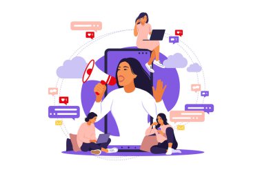 Ekran telefonunda megafonu olan bir kadın ve onu çevreleyen genç insanlar. Karakterleri olan dairede vektör illüstrasyonu- takipçileri için blog yazarı tanıtım hizmetleri ve mallarını İnternet üzerinden etkileme.