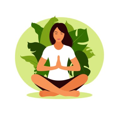 Doğada meditasyon yapan bir kadın. Meditasyon konsepti, rahatlama, dinlenme, sağlıklı yaşam tarzı, yoga. Lotus pozu veren kadın. Vektör illüstrasyonu.