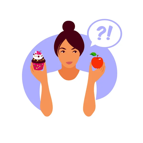 Mujer elegir entre comida saludable y comida poco saludable. Concepto de estilo de vida y nutrición. Ilustración vectorial para dieta buena vs mala, estilo de vida, conceptos de alimentación. Ilustración plana. — Vector de stock