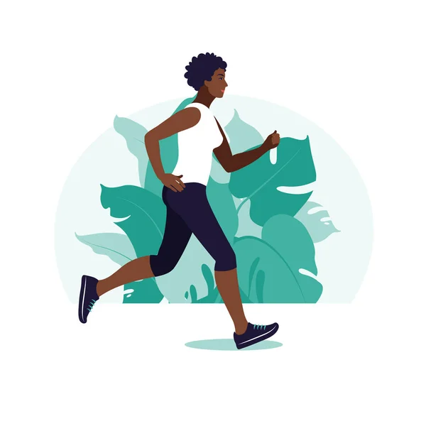 Chica africana corriendo en el parque. Mujer africana haciendo actividad física al aire libre en el parque, corriendo. Estilo de vida saludable y concepto de fitness. Ilustración vectorial en estilo plano. — Archivo Imágenes Vectoriales