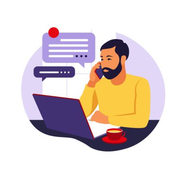 İç işleri konsepti, evden çalışan bir adam. Serbest çalışmak ya da konsept çalışmak. Vektör çizimi. Düz biçim.