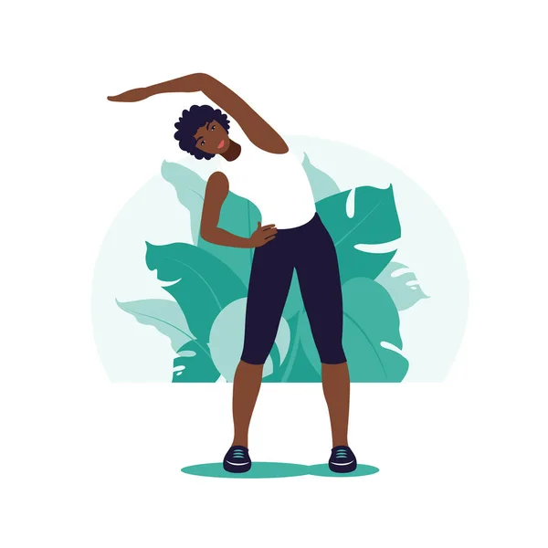 Mujer africana haciendo ejercicio en el parque. Deportes al aire libre. Estilo de vida saludable y concepto de fitness. Ilustración vectorial en estilo plano. — Archivo Imágenes Vectoriales