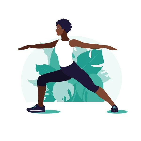 Mujer africana haciendo ejercicio en el parque. Deportes al aire libre. Estilo de vida saludable y concepto de fitness. Ilustración vectorial en estilo plano. — Archivo Imágenes Vectoriales
