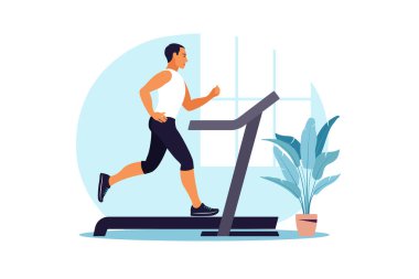 Evdeki koşu bandında koşan adamlar. Sağlıklı yaşam tarzı kavramı. Spor eğitimi. Fitness. Vektör çizimi. Düz.