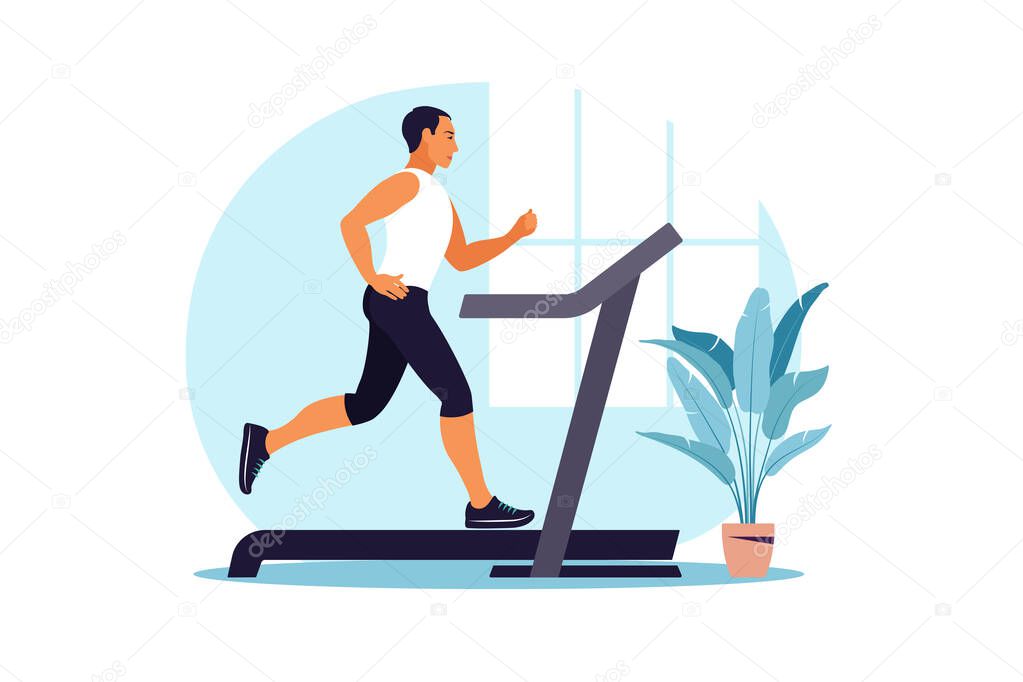 Men running on a treadmill at home. Healthy lifestyle concept. Sport training. Fitness. Vector illustration. Flat.