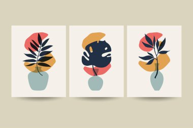 Yapraklı kompozisyonlar. Tasarım için ekolojik tarzda moda bir kolaj. Kartpostal veya broşür tasarımı için vektör çizimleri. Düz.