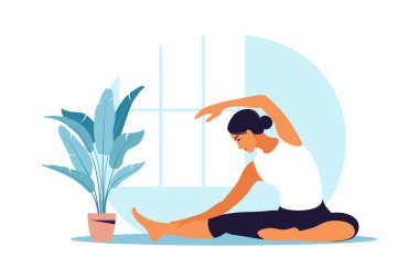 Genç kadın yoga yapıyor. Fiziksel ve ruhsal uygulama. Çizgi film tarzında vektör illüstrasyonu.