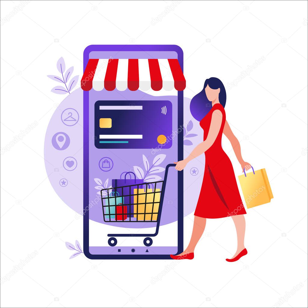 Women shopping online on mobile phone. Online store payment. Bank credit cards, secure online payments and financial bill. Smartphone wallets, digital pay technology. Flat vector illustration.
