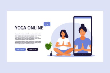 Çevrimiçi yoga konsepti iniş sayfası. Kız evde telefonda yoga ve meditasyon yapıyor ve video izliyor. Vektör çizimi. Düz.