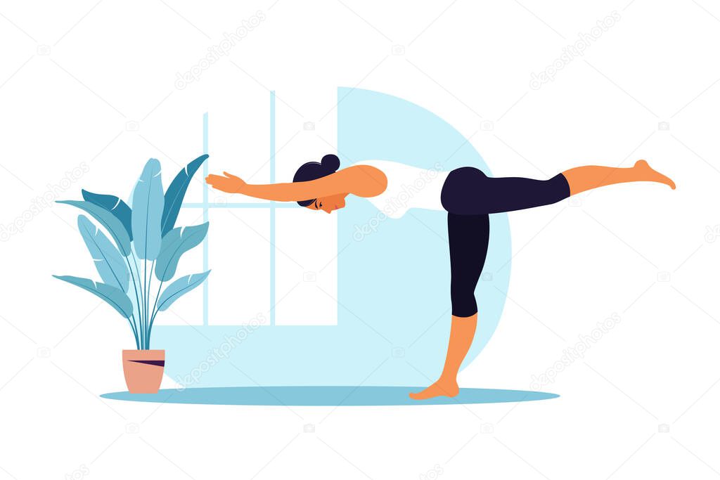 Young woman practices yoga. Physical and spiritual practice. Vector illustration in flat cartoon style.